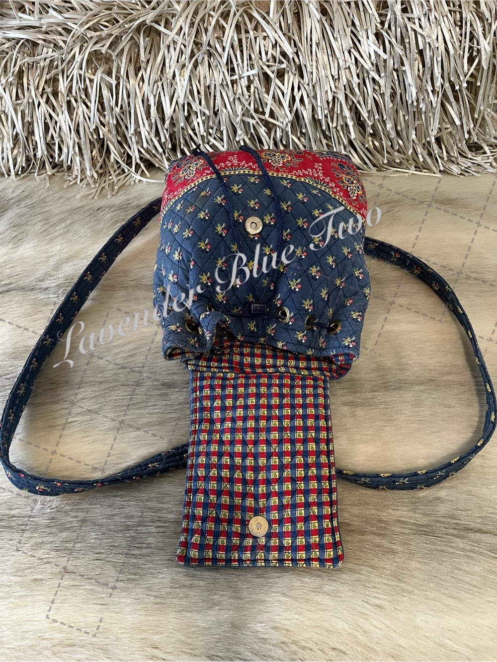 Vintage VERA BRADLEY Emily 2005 Mimi Flap Drawstring Backpack USA Red Blue Y2K - Picture 9 of 14